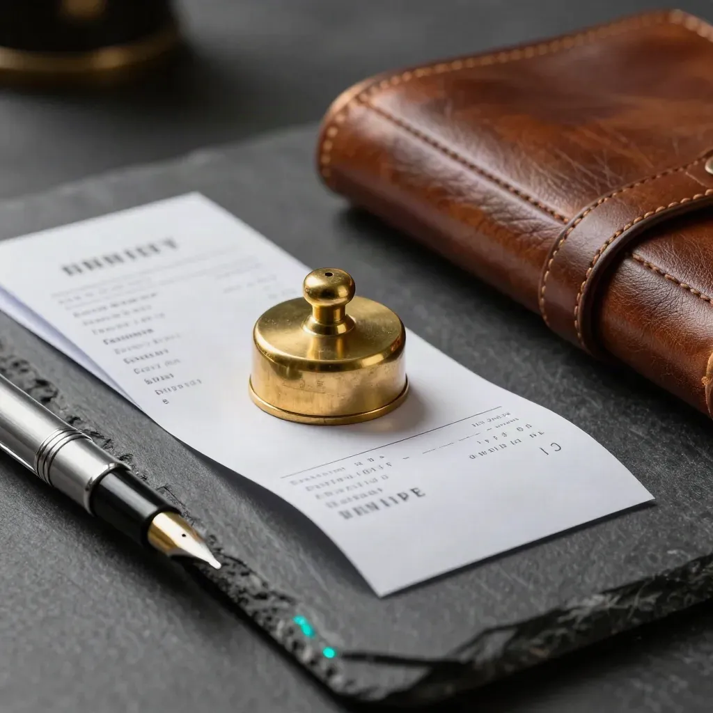 Brass paperweight over face-down receipts on slate with leather ledger spine and pen cap