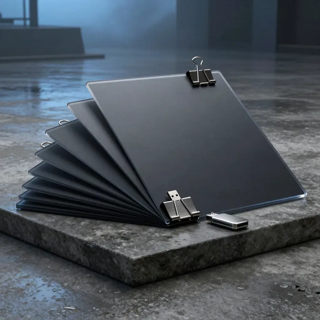 Campaign proof boards and clips fan open on a wet plinth in pre-dawn mist.