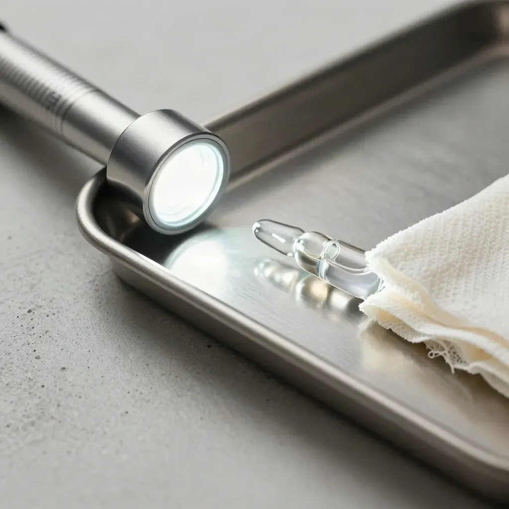 Macro still life of a diagnostic penlight, glass ampoule, gauze, and metal tray on pale concrete.