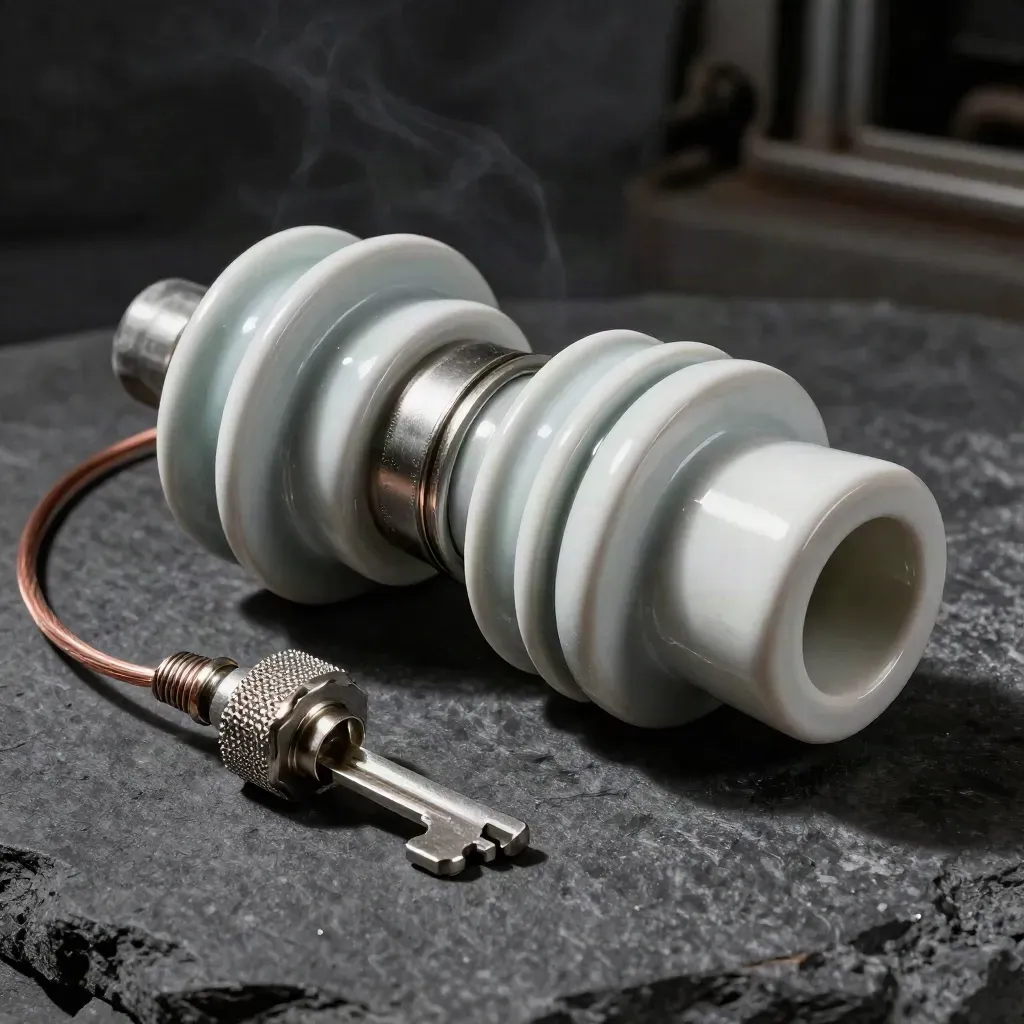 Ceramic insulator, steel coupling, and fuse block on charcoal stone under hard studio light.