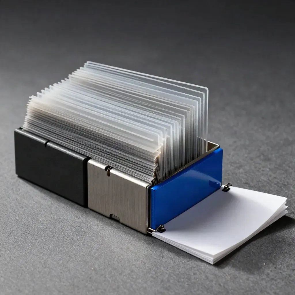 Top-down macro of acetate plan tabs, magnetic blocks, and clipped paper swatches on graphite.