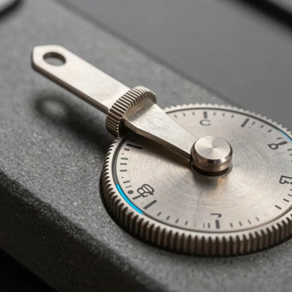 Brushed metal dial with toggle keys on dark stone under hard upper-left light.