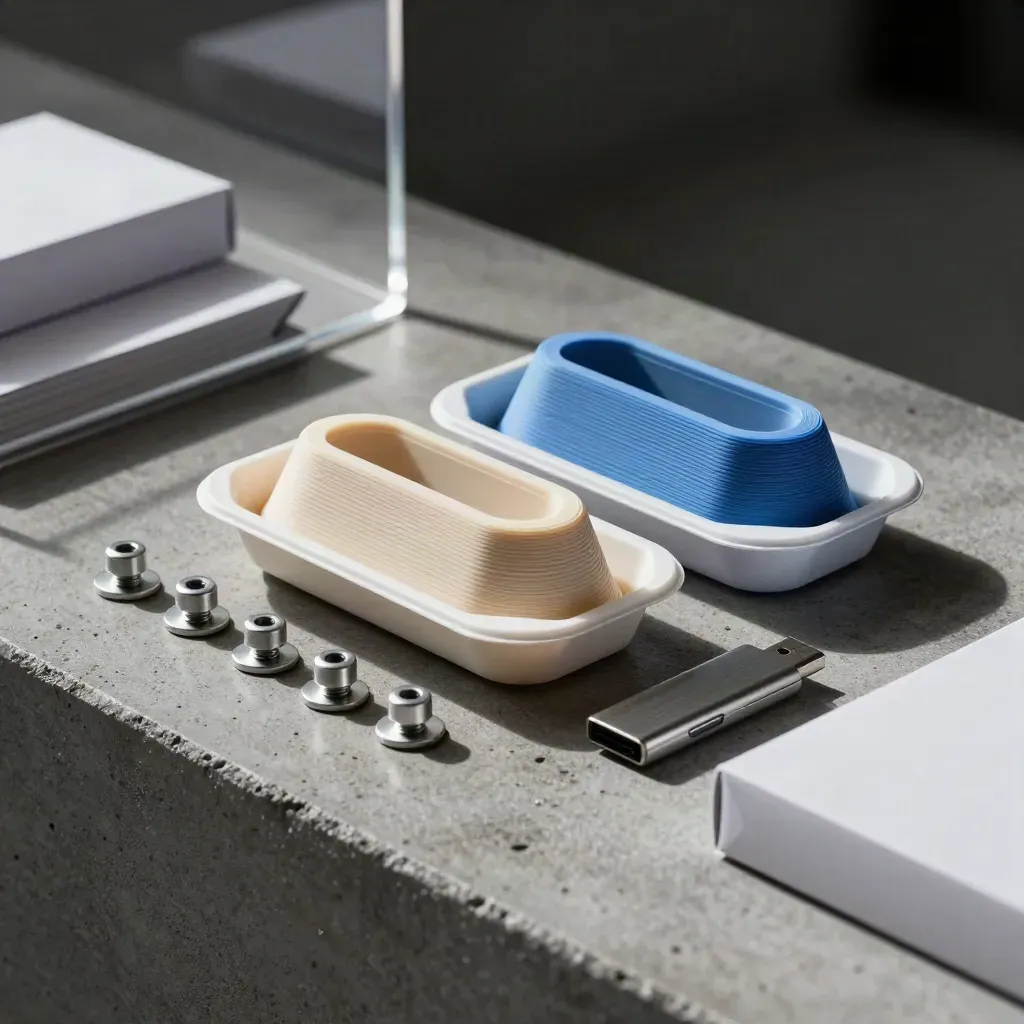 Prototype shells, hardware, mailer boxes and USB drive on a concrete packing bench.