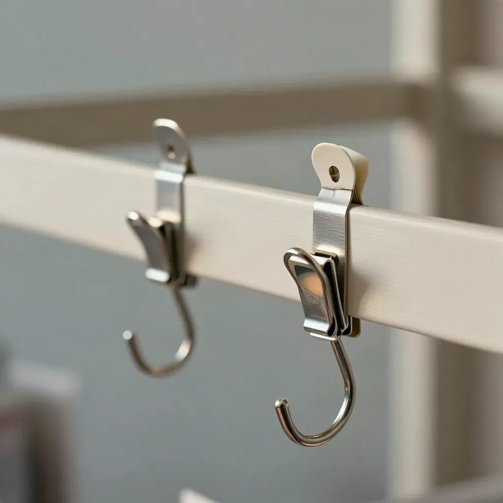 Macro of store display brackets, clips, shelf hooks and a promo card holder on brushed metal.