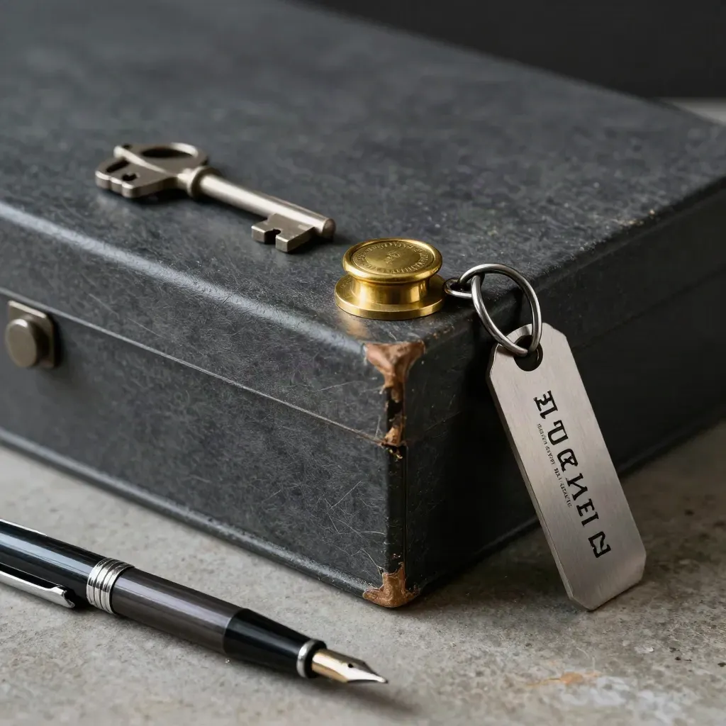 Top-down still life of an archive box, seal stamp, key tag, and capped pen on stone.