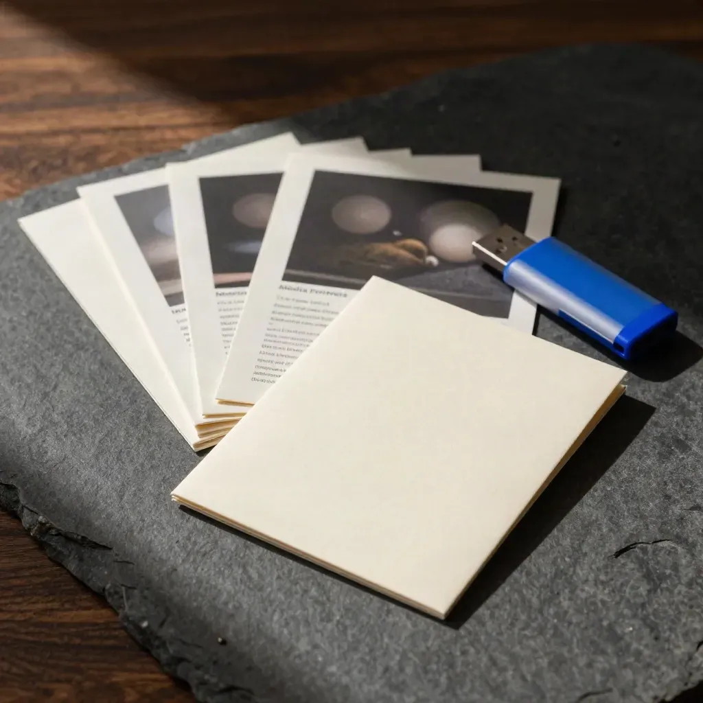 Packaging proofs, sample stacks and sealed USB drive on dark stone under dramatic light.