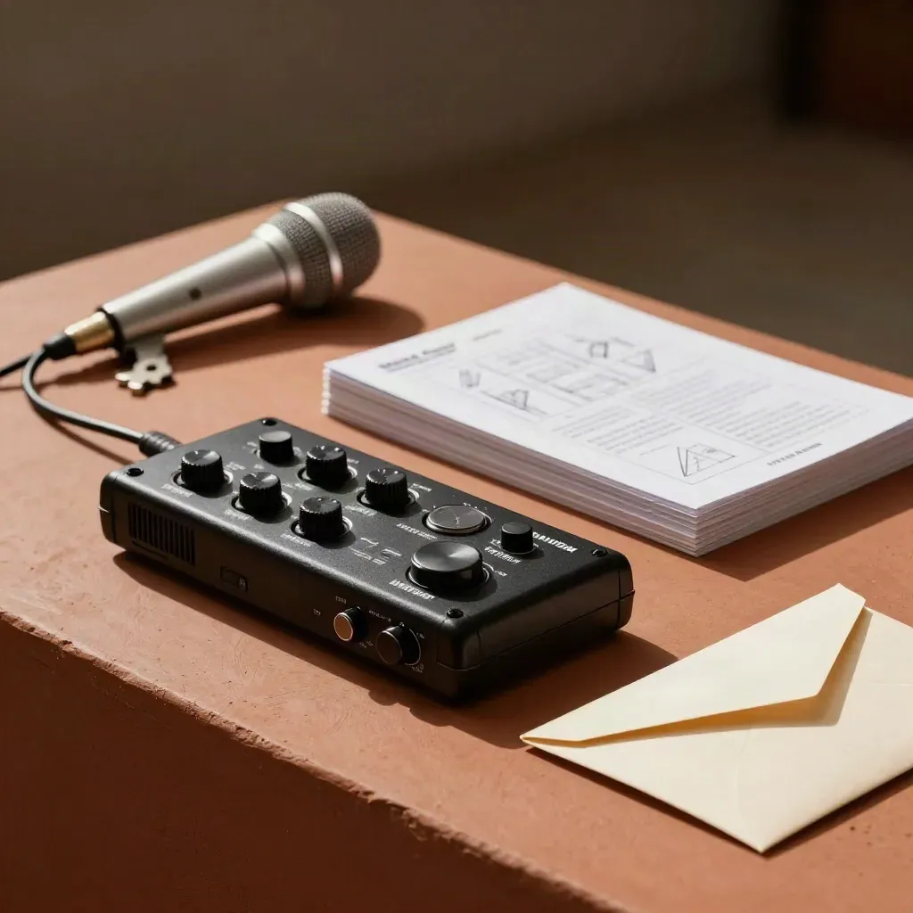 Audio recorder, shock mount, face-down storyboard cards, and sealed envelope on terracotta plinth.