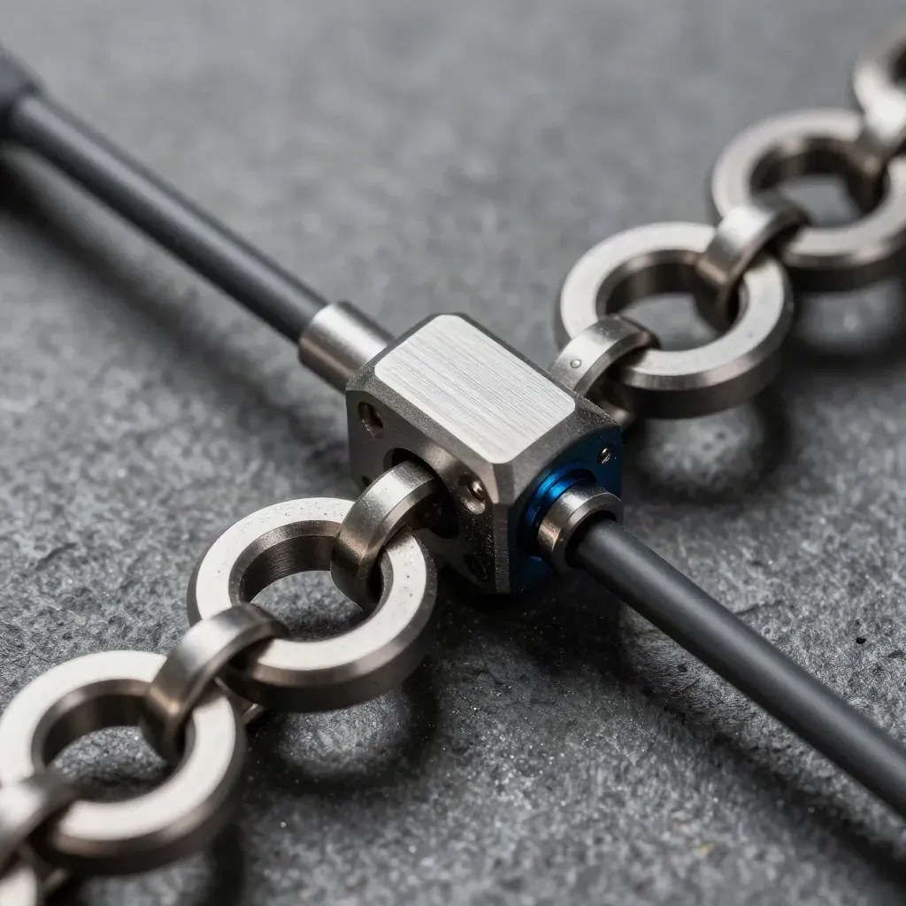 Linked metal rings, coupling block, and cable loop on graphite stone with a cobalt accent.