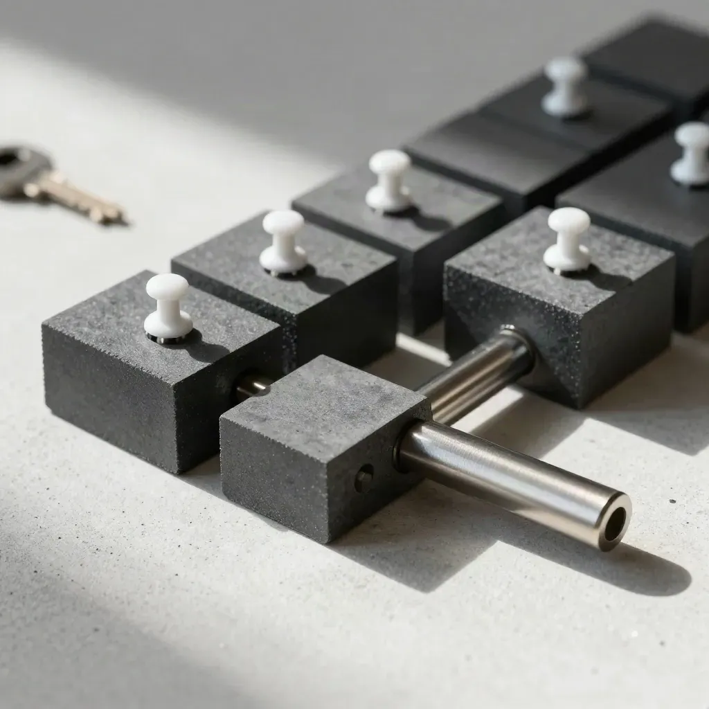Graphite workflow blocks, pin magnets, and a connector bar on brushed concrete.