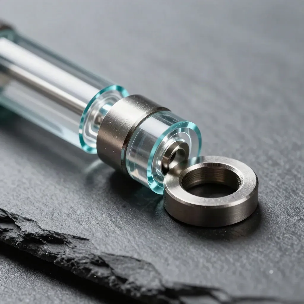 Macro of metal connectors, acrylic spacers, and washers on slate with hard side light.