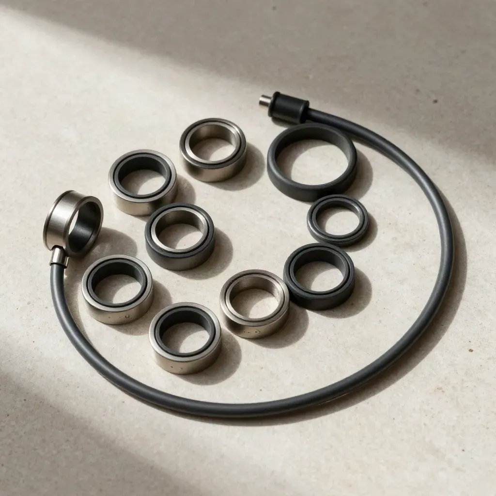 Cable couplers and a coiled matte cord on pale stone, styled like a food editorial flat lay.