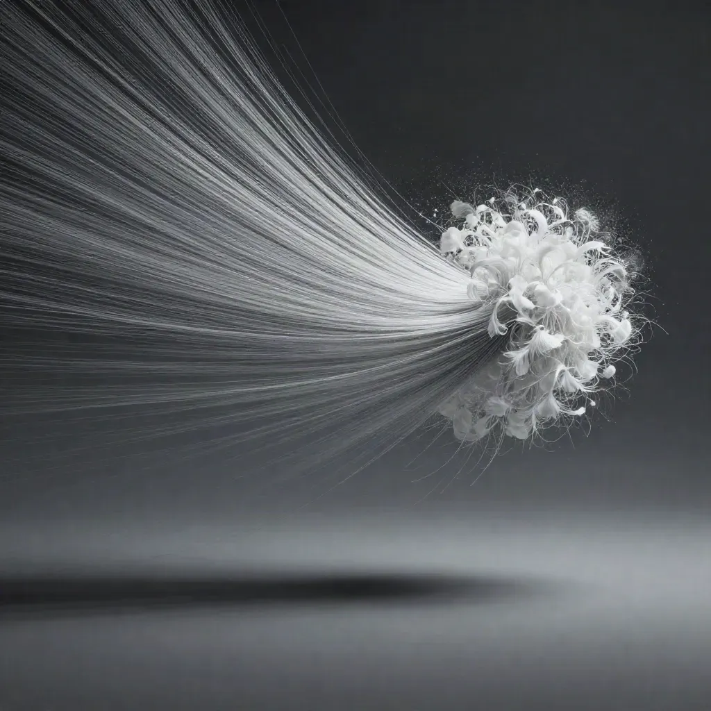Silver light filaments converge into a soft off-centre bloom in a dark graphite void.