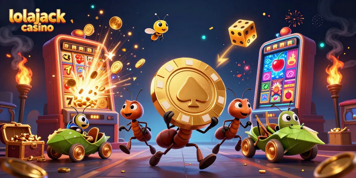 Join the lolajack casino adventure with lively ants carrying a giant poker chip amidst a burst of casino excitement.