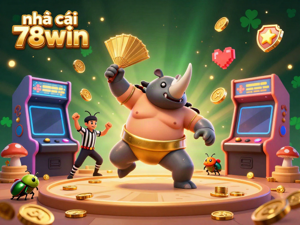 Experience the dynamic action at nhà cái 78win with a sumo champion beetle amidst flying coins and vibrant casino elements.