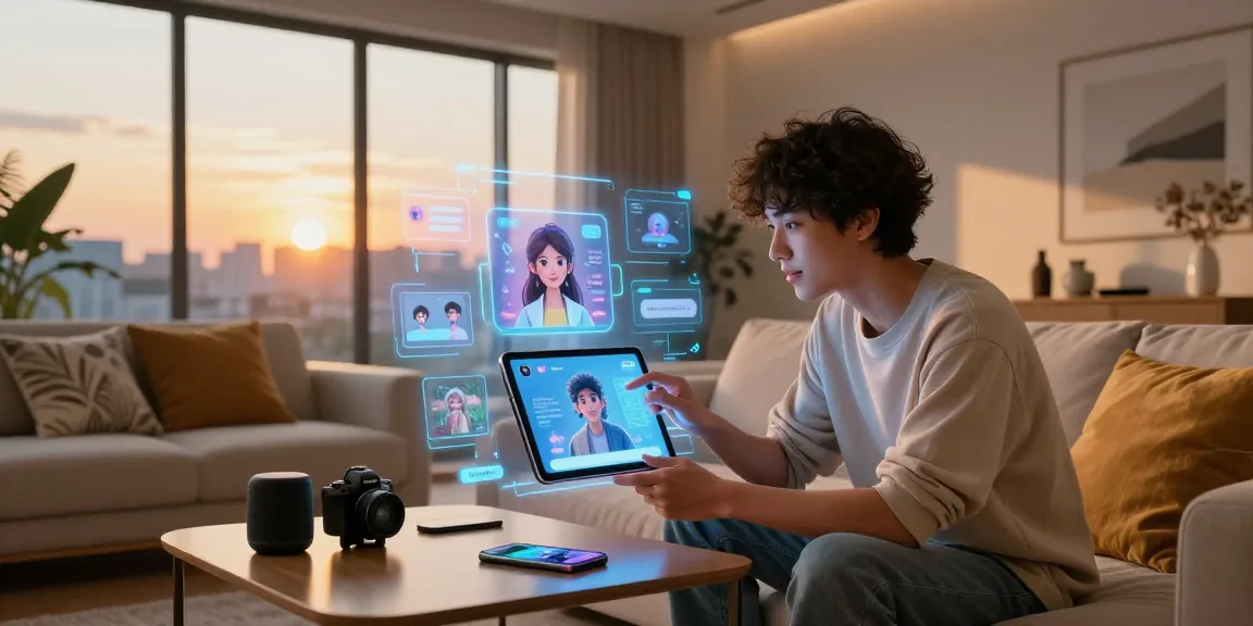 Engaging with CrushOn IA in a modern living room with AI chatbots.