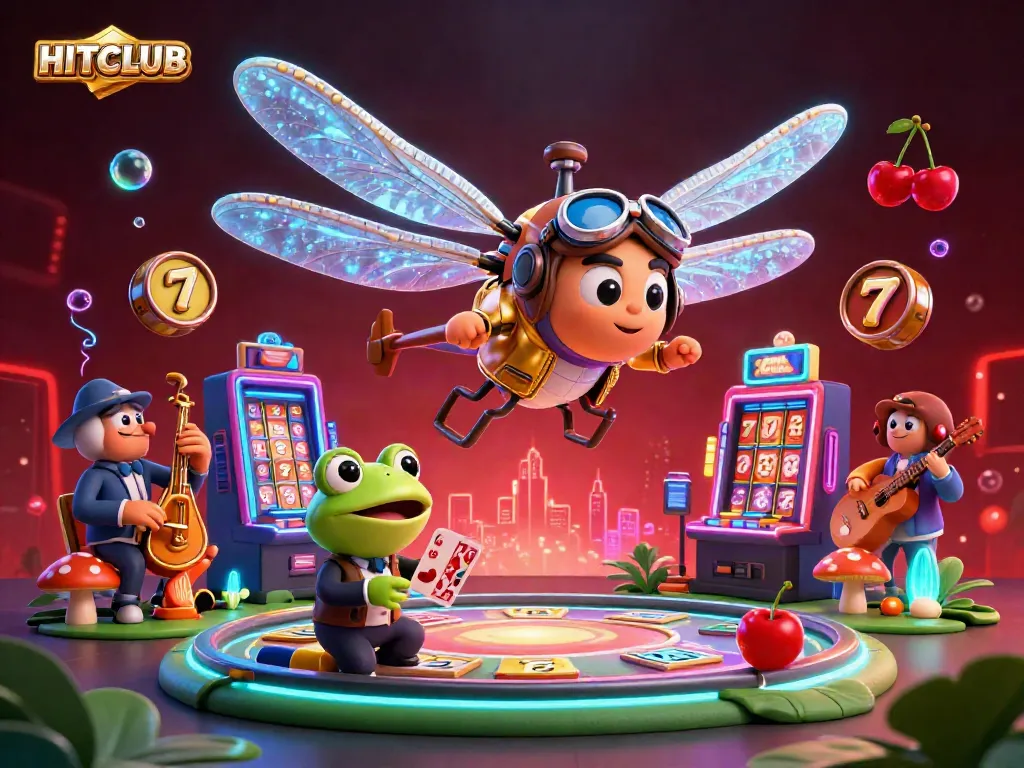 Engage in thrilling slot gameplay at HITCLUB with vibrant 3D illustration featuring dynamic characters.