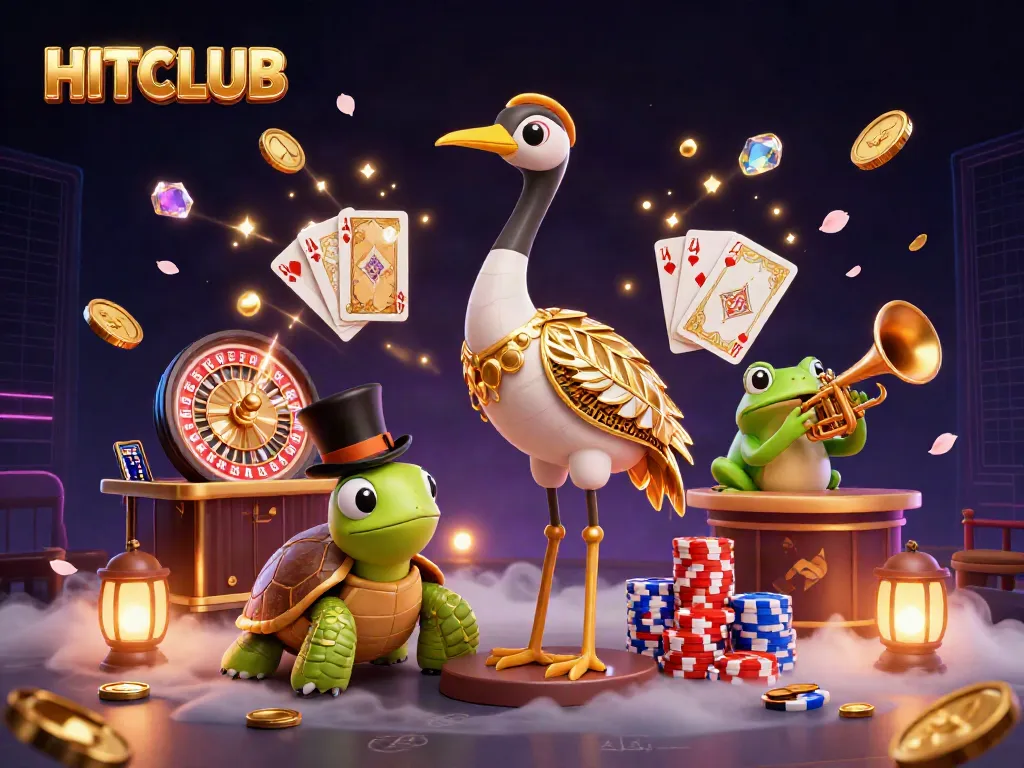 Join HITCLUB in this vibrant 3D scene, celebrating the excitement of casino gaming with engaging characters and sparkling elements.