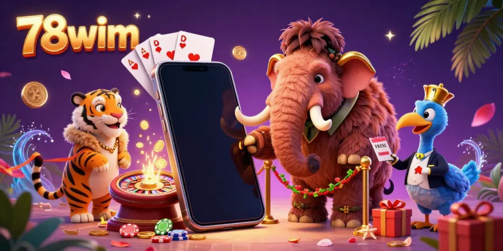 Experience thrilling gaming with 78wim as vibrant casino characters come alive amidst dynamic slot action.