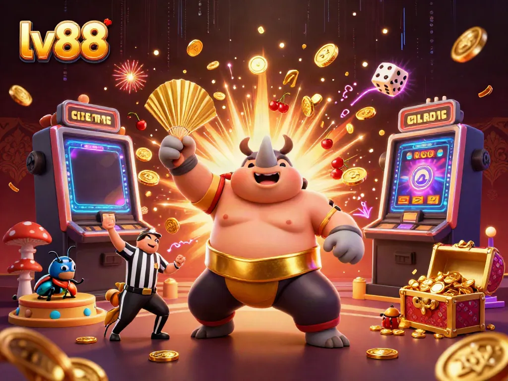 Experience thrilling wins at lv88 with a dynamic 3D illustration of a rhino beetle champion surrounded by casino elements.