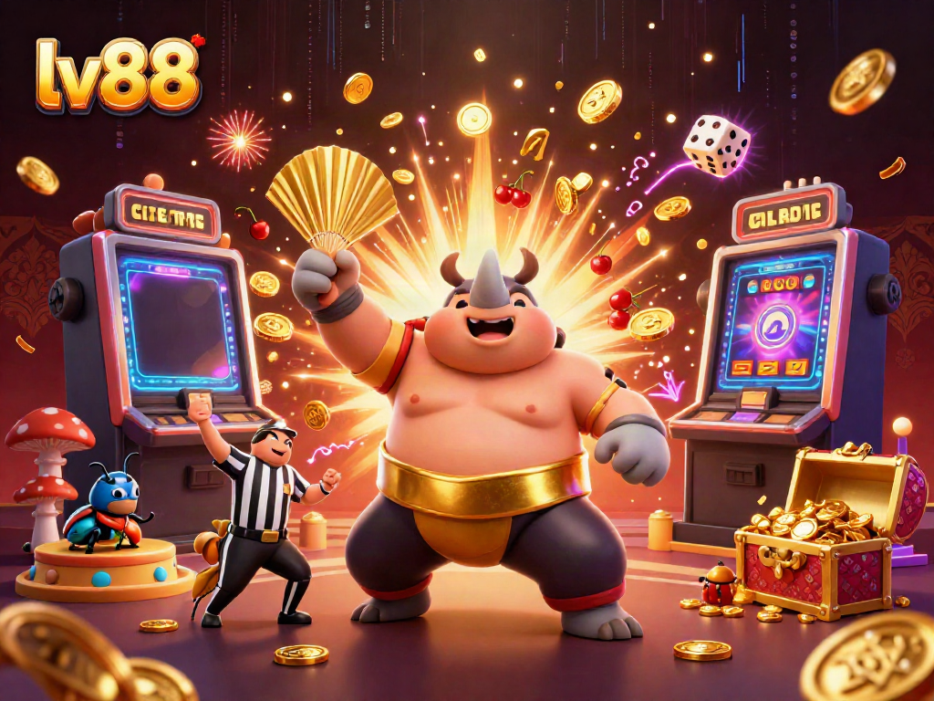 Experience thrilling wins at lv88 with a dynamic 3D illustration of a rhino beetle champion surrounded by casino elements.