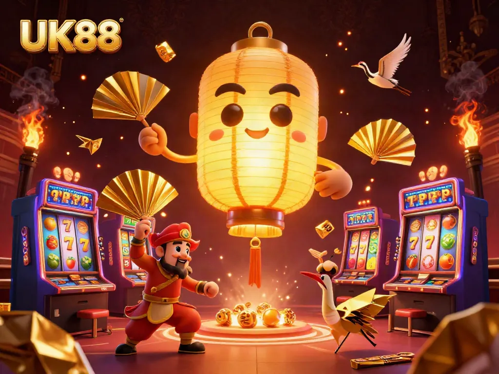 Spin the reels at UK88's lavish casino with vibrant characters and golden symbols.