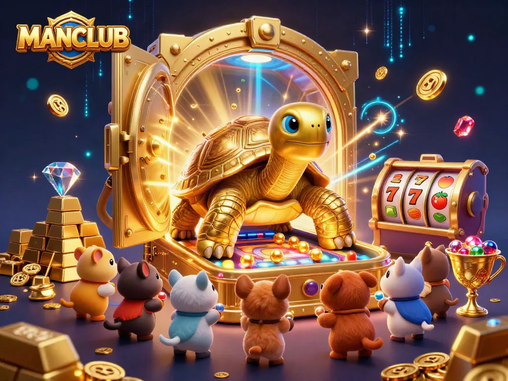 Engage in fun at MANCLUB with dynamic slot games illustrated as vibrant tortoise pinball.