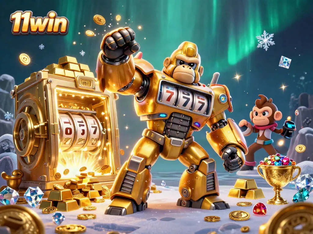 11win golden gorilla mech and treasure scene showcasing thrilling casino action with jackpots.