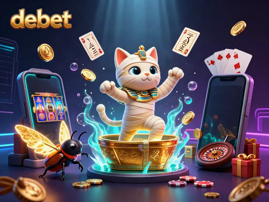 Engage with debet in an ultra-detailed 3D illustration featuring an Egyptian mummy cat and dynamic casino elements.