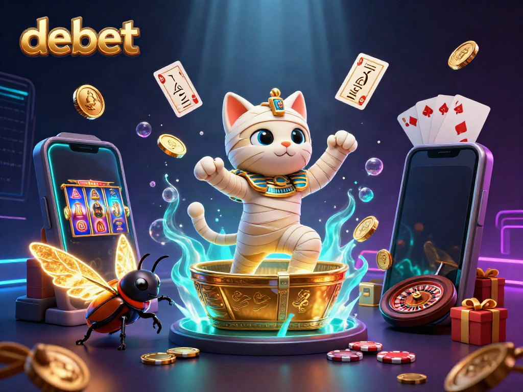 Engage with debet in an ultra-detailed 3D illustration featuring an Egyptian mummy cat and dynamic casino elements.