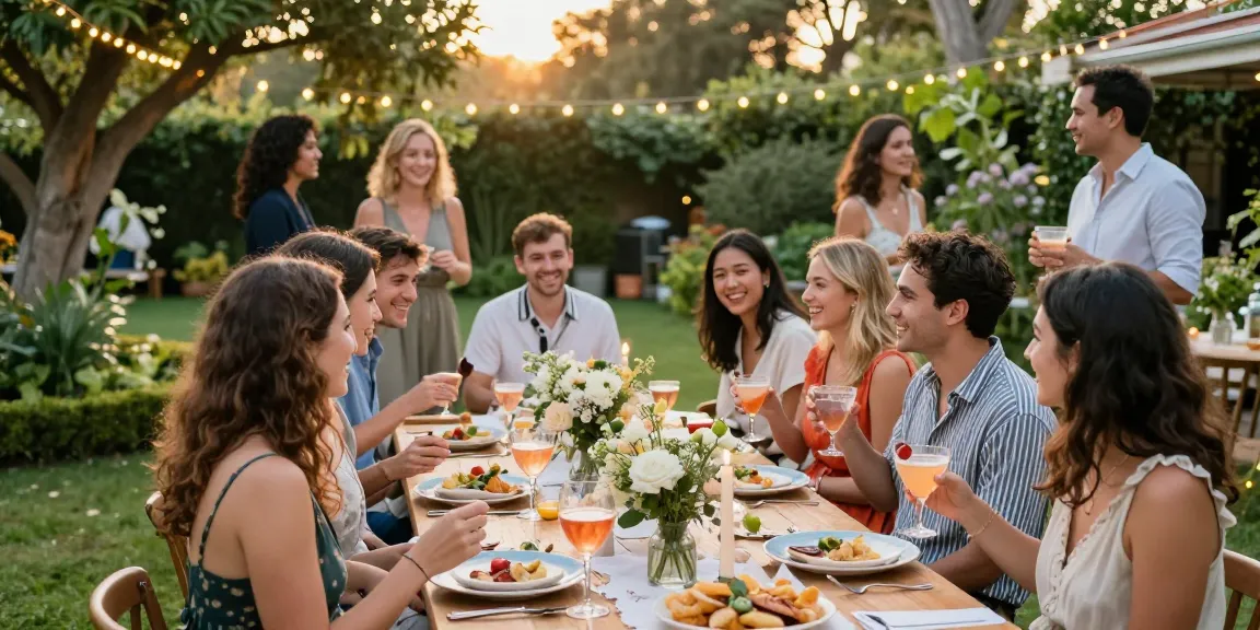 Outdoor celebration scene showcasing entertaining blogs with friends enjoying a beautifully set table and cocktails amidst lush greenery.