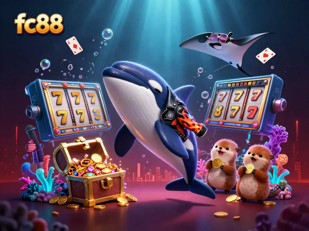 Experience exciting casino action with fc88 featuring a 3D orca and sea otters amidst vibrant slot reels and treasures.