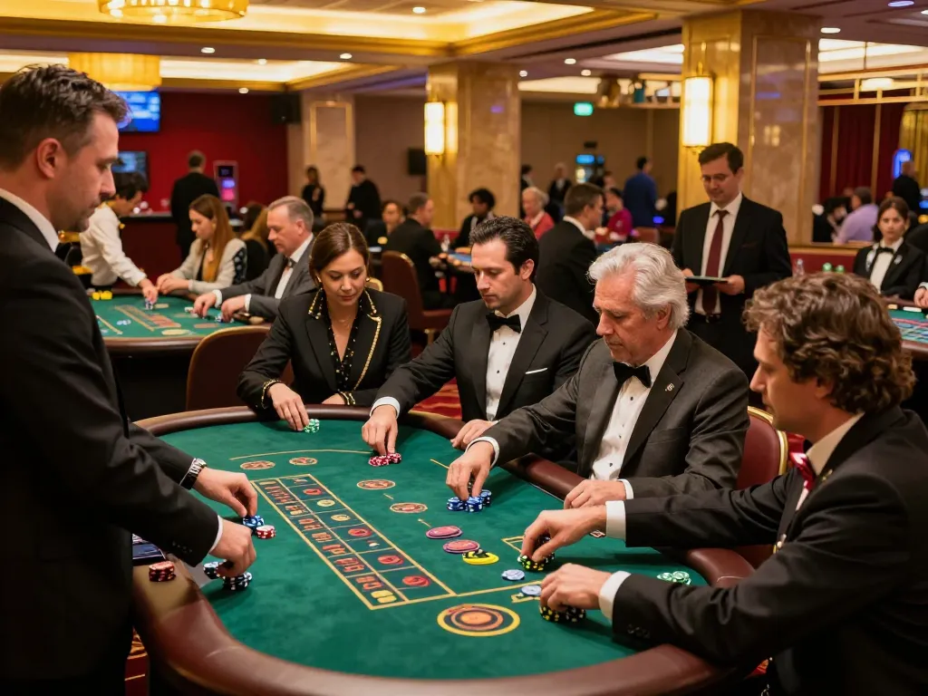 Exciting casino gameplay with players engaging at multiple tables, enjoying 79 số đỏ action amidst vibrant atmosphere.