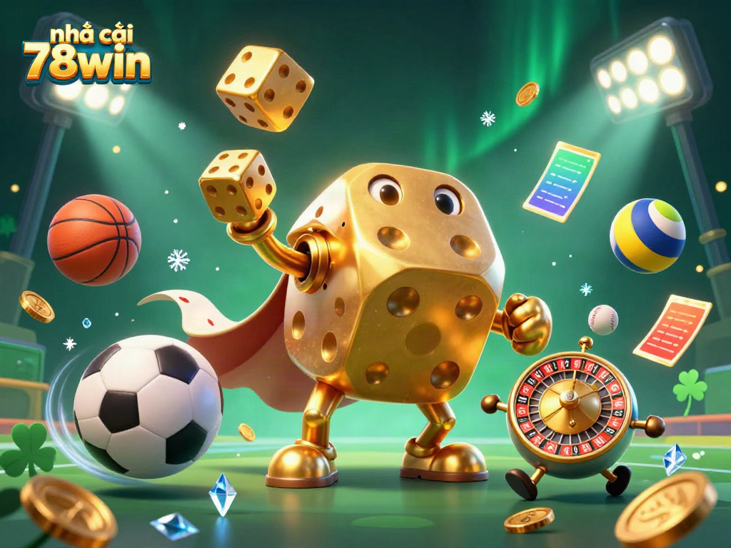 Experience excitement with nhà cái 78win featuring a dynamic 3D illustration of dice, cards, and sports actions.