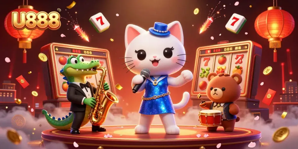 Experience the vibrant U888 casino scene featuring a jazz-singer cat, a saxophone crocodile, and a bear cub amidst dynamic gaming elements.