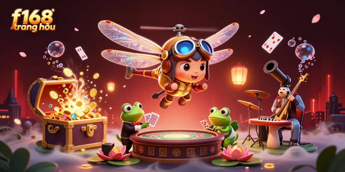 Experience exciting gaming at f168 trang chủ with vibrant illustrations of a dragonfly pilot and frog croupier.