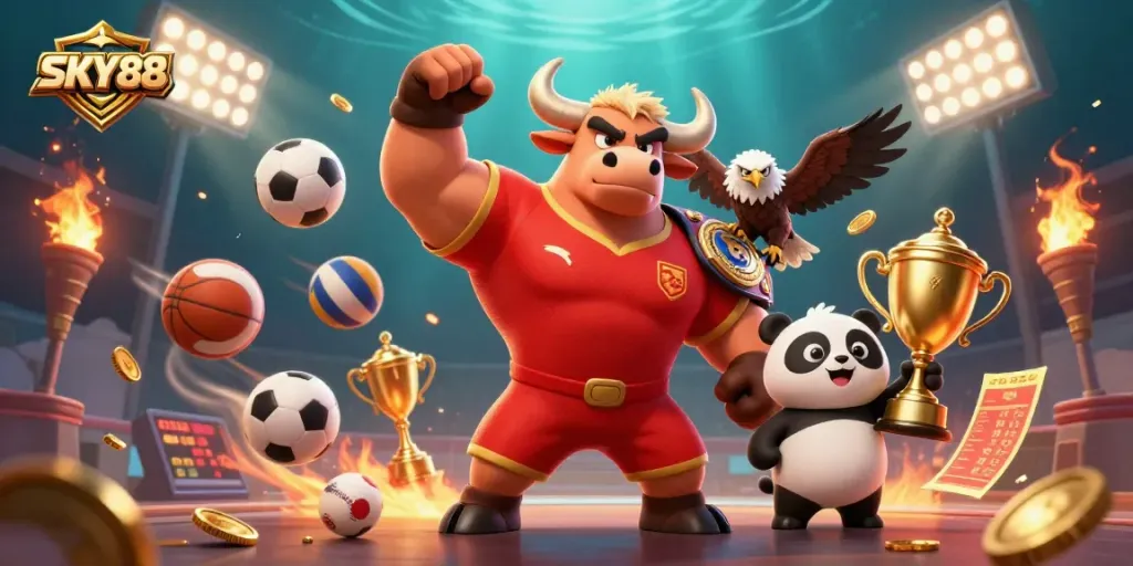 Engage with SKY88's thrilling gaming experience featuring a victorious bull, eagle, and panda.