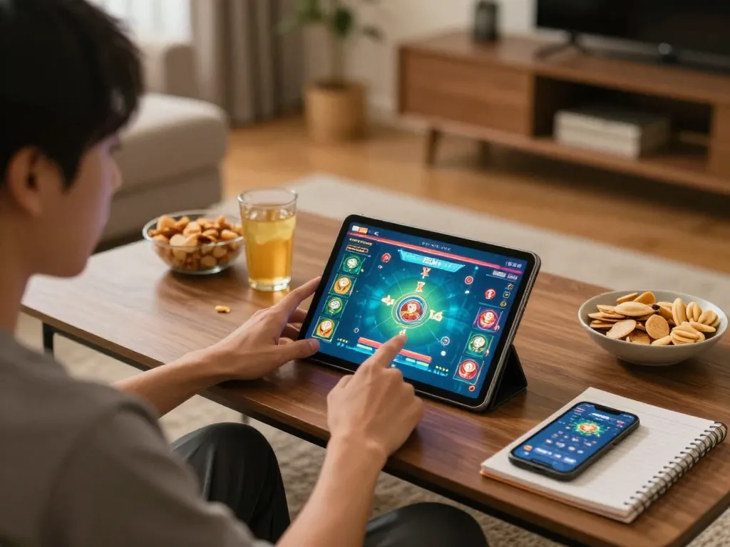 Engaging gameplay on taixiuonlinego tablet in a cozy home setting with snacks and drinks