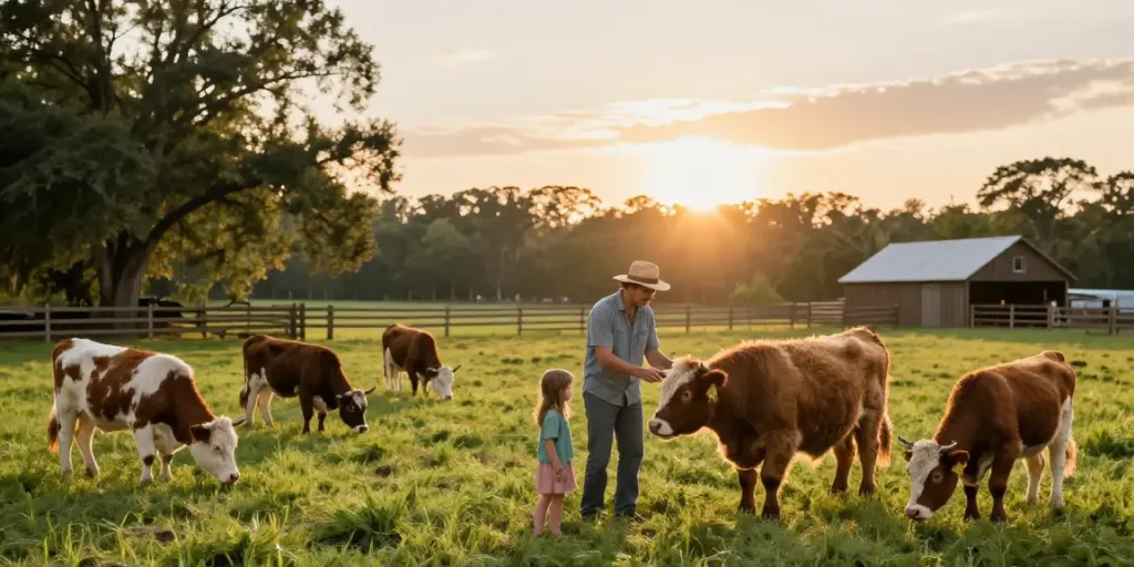 View of mini cows for sale in Florida grazing in a sunny pasture with farmer