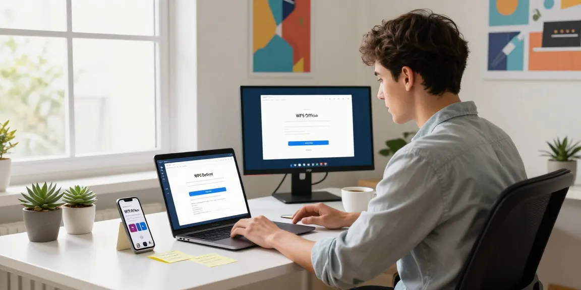WPS Download process in a modern home office showcasing installation on a laptop.