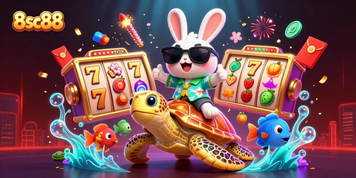 Win big at 8sc88 with a joyful rabbit and turtle amidst vibrant slots and colorful decorations!