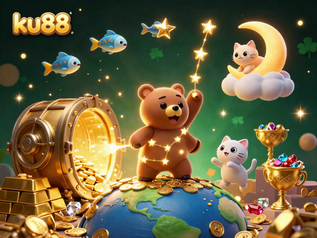 Join the thrilling world of ku88 casino with a vibrant 3D illustration of winning characters and treasures.