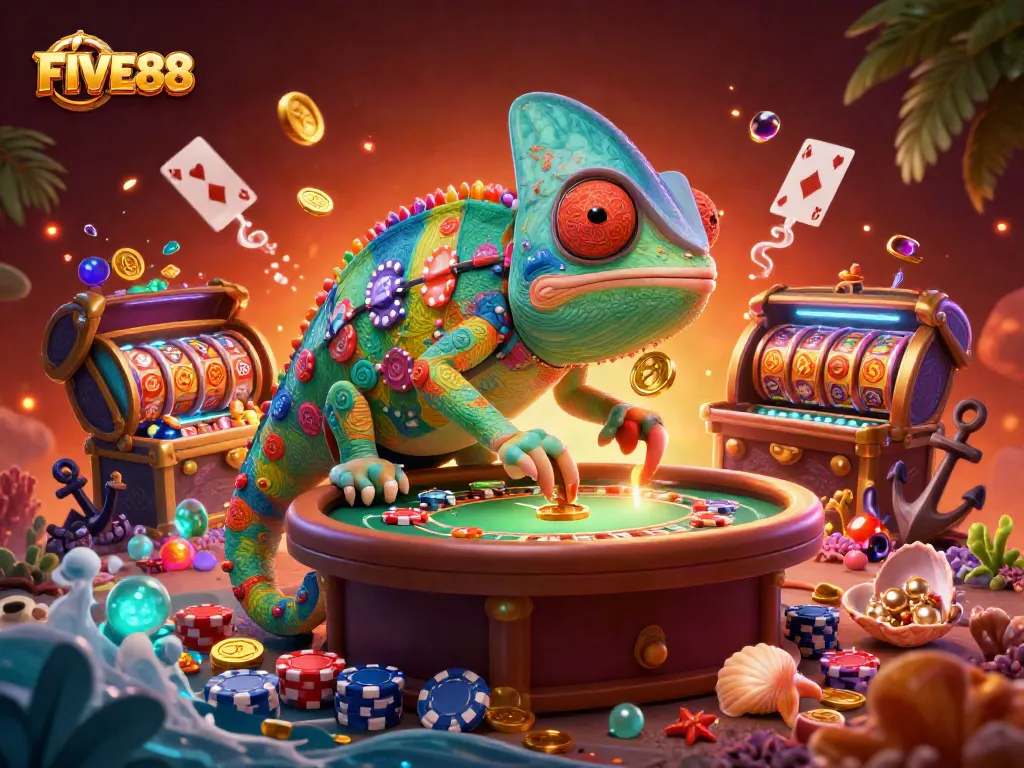 FIVE88 showcases an exciting casino scene with a colorful chameleon and dynamic gaming elements.