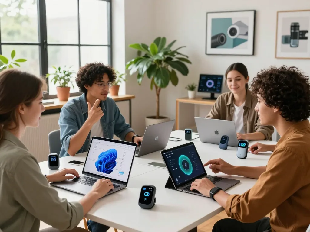 Collaborative workspace showcasing top 10 tech gadgets 2033 in a vibrant co-working environment.