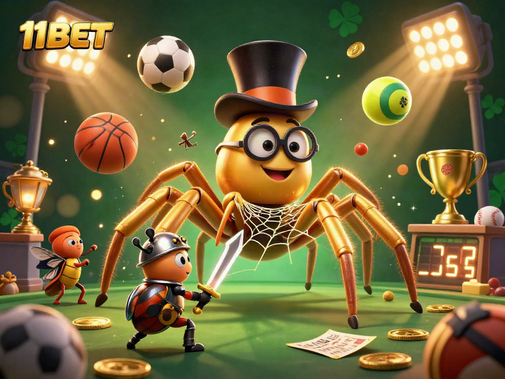 The 11BET platform showcases an engaging 3D scene of animated characters in a vibrant casino environment.