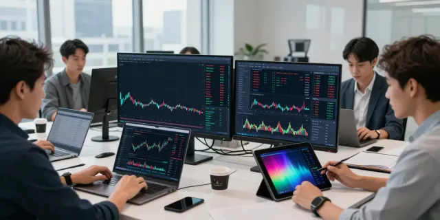 Traders using quantum AI technology for cryptocurrency market analysis in a modern office.