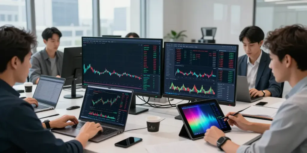 Traders using quantum AI technology for cryptocurrency market analysis in a modern office.