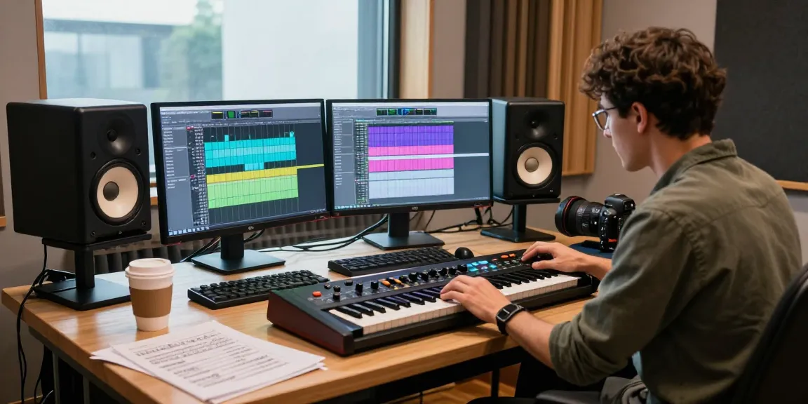 Artist in a professional studio using the SC88 sound module to compose music.