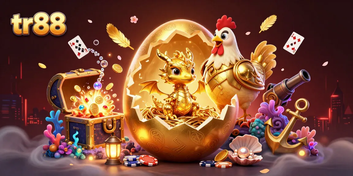 tr88 showcases a 3D dragon emerging from a golden egg amidst poker chips, symbolizing thrilling casino excitement.
