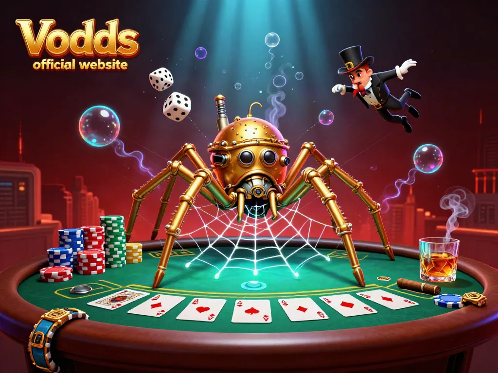 Engage with thrilling play at Vodds official website, showcasing a steampunk spider and poker elements.