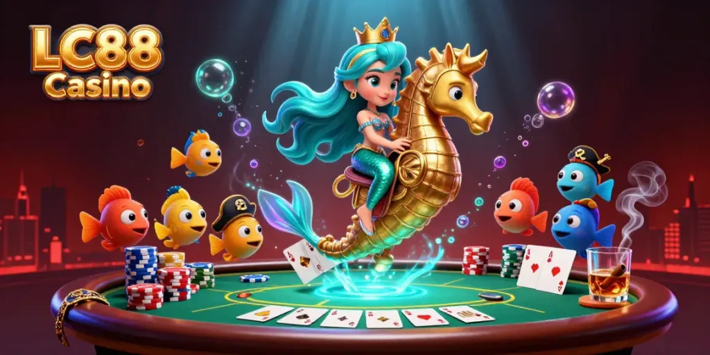 Experience the excitement of LC88 Casino with a vibrant 3D mermaid theme, poker elements, and underwater ambiance.